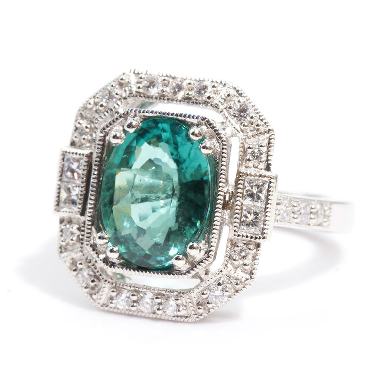 Kinsley Platinum Art Deco Oval Tourmaline and Diamond Halo Ring Ring Imperial Jewellery - Auctions, Antique, Vintage & Estate 