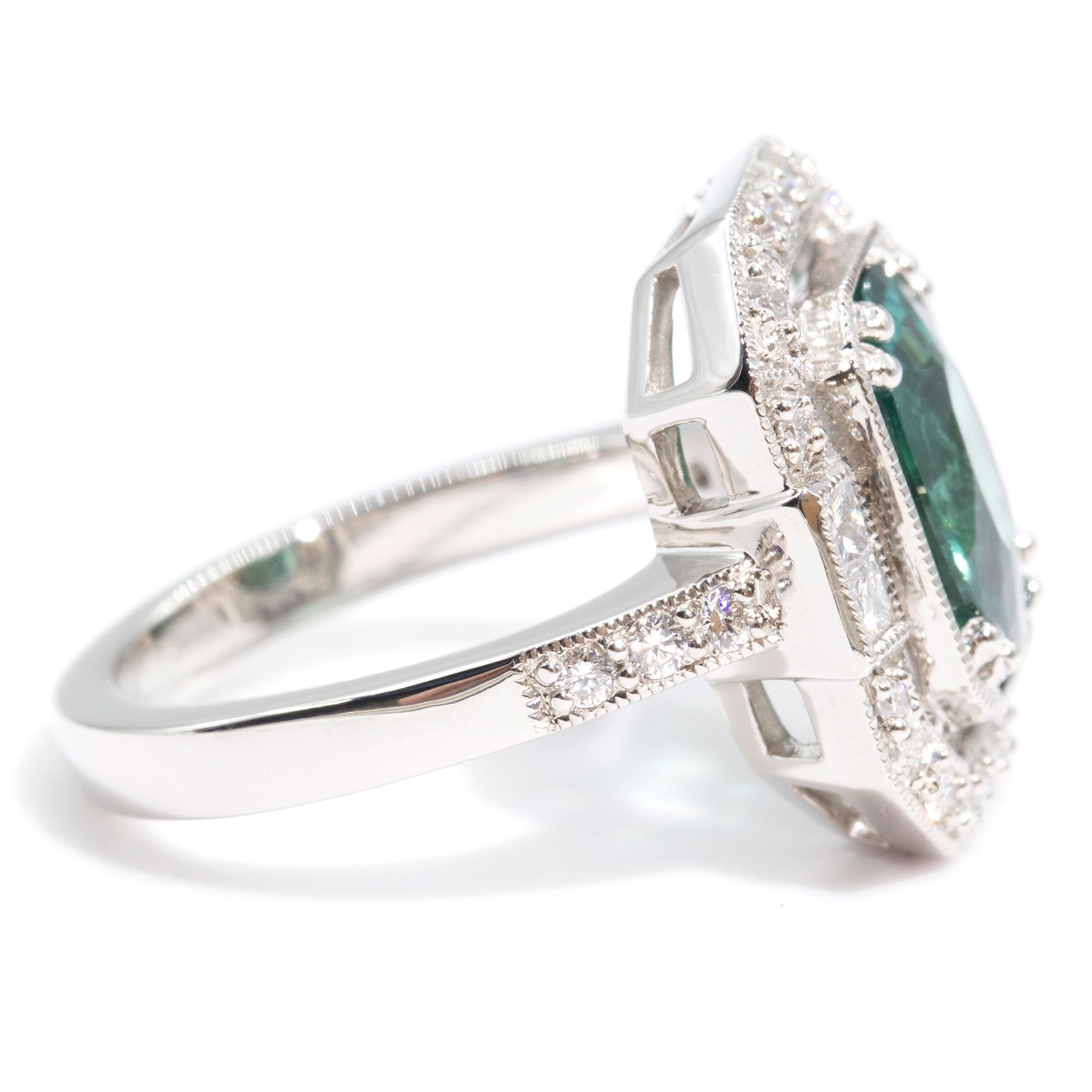 Kinsley Platinum Art Deco Oval Tourmaline and Diamond Halo Ring Ring Imperial Jewellery - Auctions, Antique, Vintage & Estate 