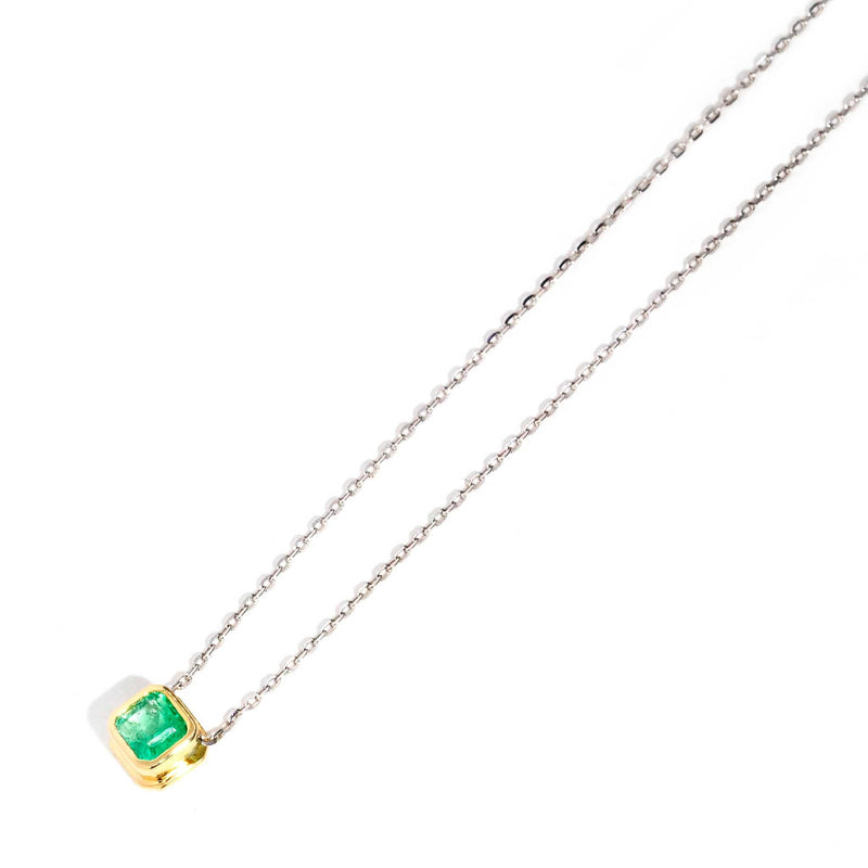 Kyria 9ct Yellow Gold Rubover Emerald Pendant & White Gold Chain Pendants/Necklaces Imperial Jewellery 