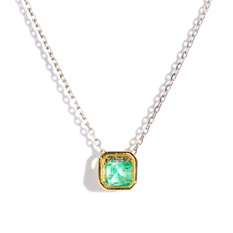 Kyria 9ct Yellow Gold Rubover Emerald Pendant & White Gold Chain Pendants/Necklaces Imperial Jewellery 