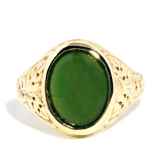 Logan Engraved Nephrite Jade Cabochon Ring 14K Yellow Gold