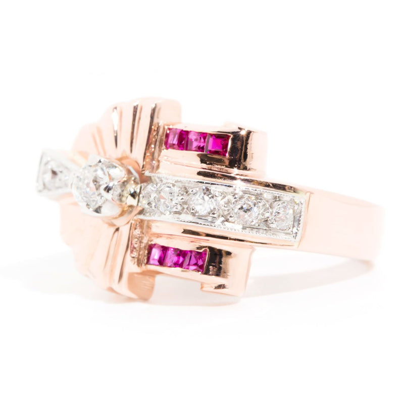 Lois 14 Carat Rose Gold Ruby Diamond Vintage Sundial Ring Rings Imperial Jewellery