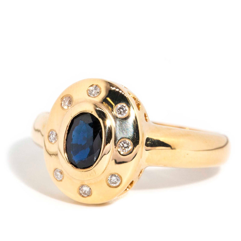 Lotta 1980s Sapphire & Diamond Hammer Set Ring 9ct Gold Rings Imperial Jewellery 