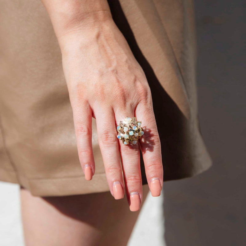 Lovella Circa 1970s Crystal Opal Vintage 9ct Gold Geometric Cluster Ring* GTG Rings Imperial Jewellery 