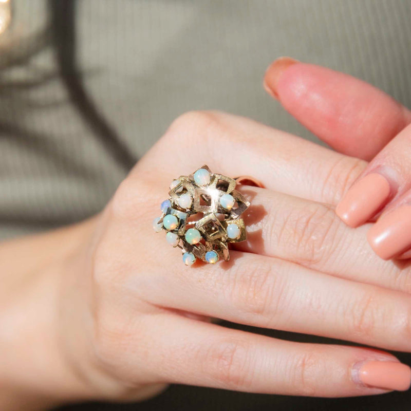 Lovella Circa 1970s Crystal Opal Vintage 9ct Gold Geometric Cluster Ring* GTG Rings Imperial Jewellery 