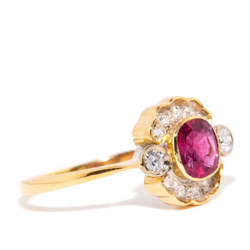 Lydia 1980s Ruby & Diamond Cluster Ring 18ct Gold Rings Imperial Jewellery 