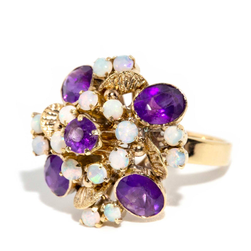Madena 1970s Opal & Amethyst Cocktail Ring 10ct Gold Rings Imperial Jewellery 