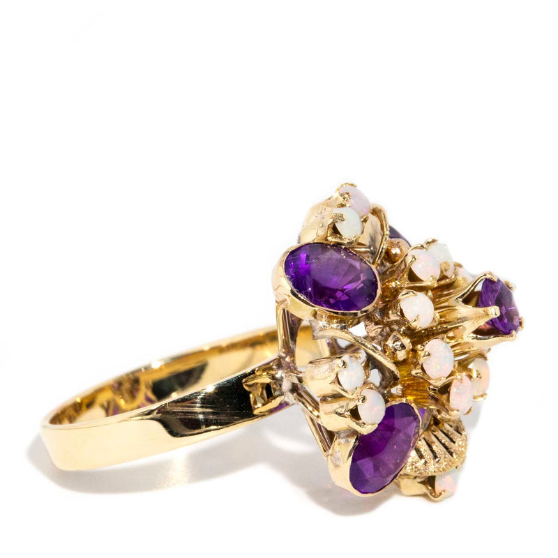 Madena 1970s Opal & Amethyst Cocktail Ring 10ct Gold Rings Imperial Jewellery 