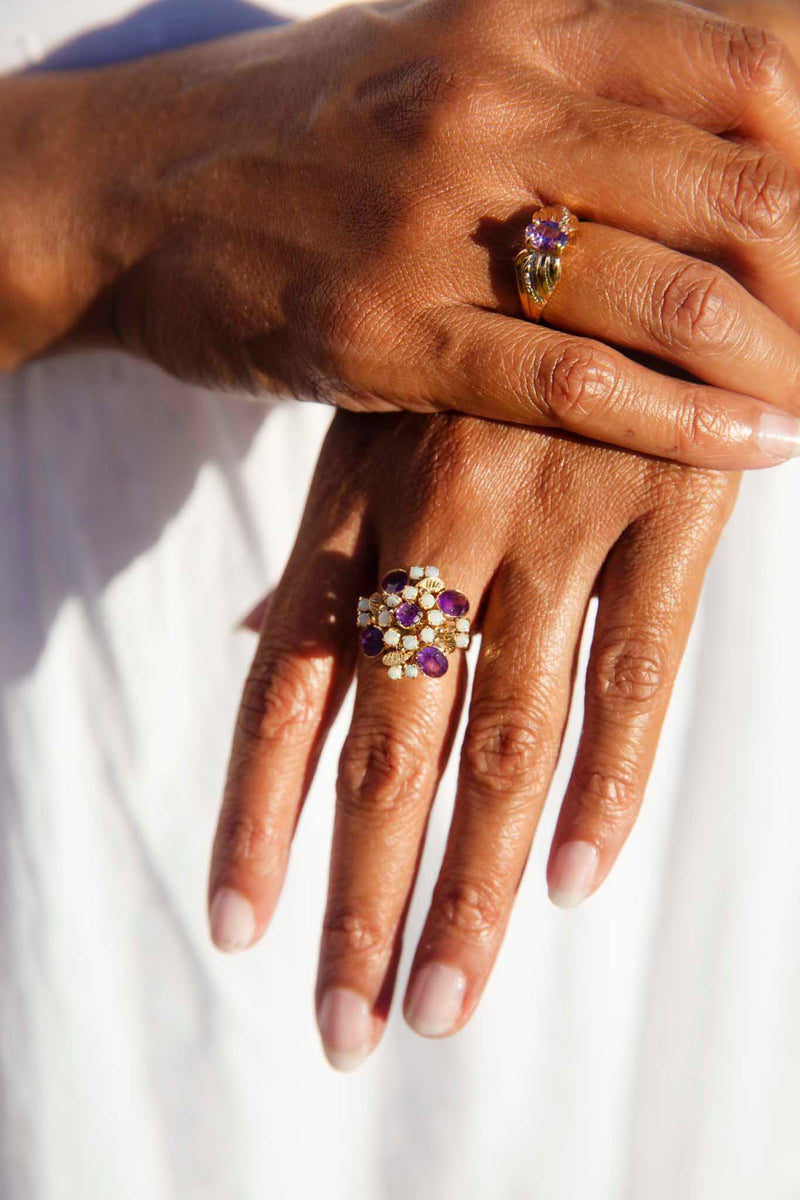 Madena 1970s Opal & Amethyst Cocktail Ring 10ct Gold Rings Imperial Jewellery 