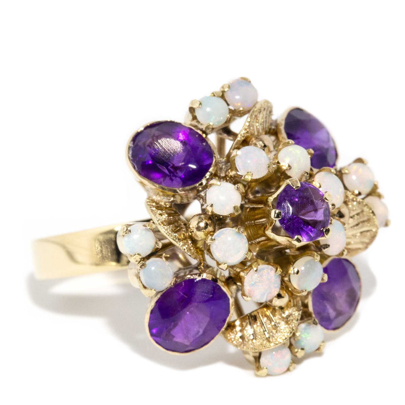 Madena 1970s Opal & Amethyst Cocktail Ring 10ct Gold Rings Imperial Jewellery 