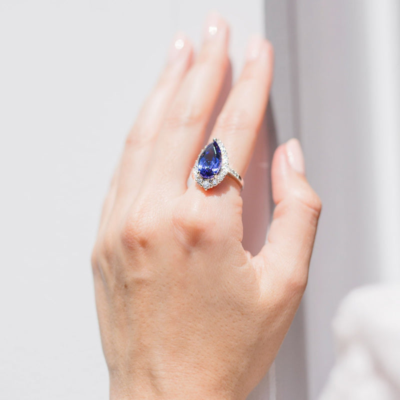 6.19 Carat Pear Shape Tanzanite and Diamond Ethical Platinum Ring