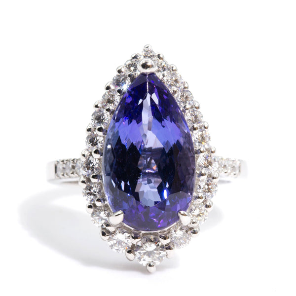 Madi Platinum Tear Drop Tanzanite and Diamond Halo Ring Rings Imperial Jewellery - Auctions, Antique, Vintage & Estate 