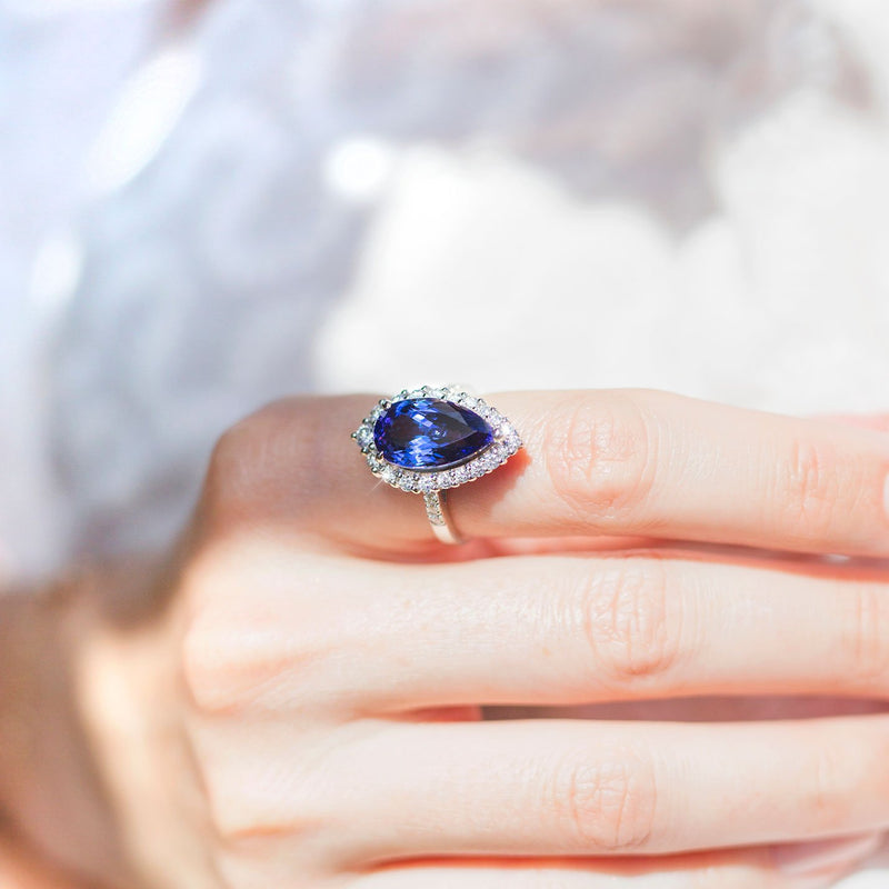 Madi Platinum Tear Drop Tanzanite and Diamond Halo Ring Rings Imperial Jewellery - Auctions, Antique, Vintage & Estate 