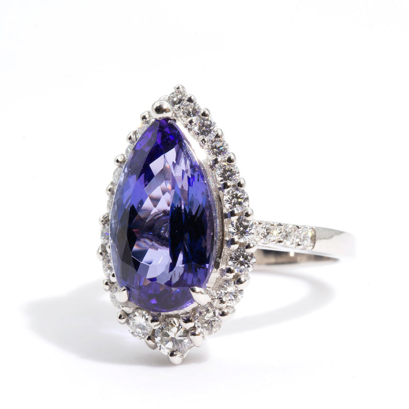 Madi Platinum Tear Drop Tanzanite and Diamond Halo Ring Rings Imperial Jewellery - Auctions, Antique, Vintage & Estate 