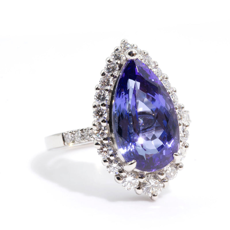 Madi Platinum Tear Drop Tanzanite and Diamond Halo Ring Rings Imperial Jewellery - Auctions, Antique, Vintage & Estate 