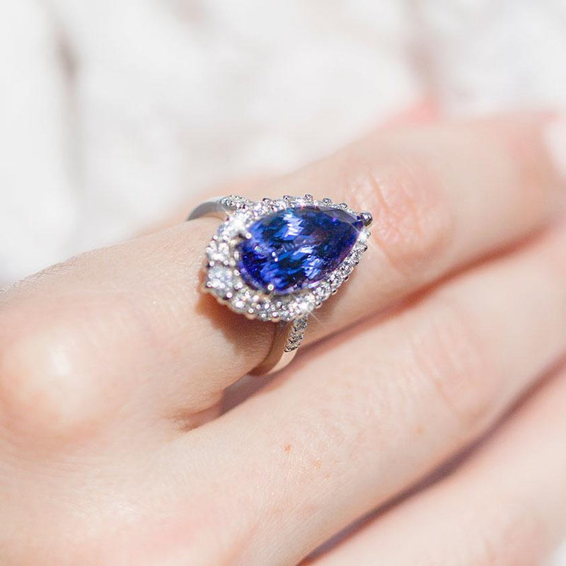 Madi Platinum Tear Drop Tanzanite and Diamond Halo Ring Rings Imperial Jewellery - Auctions, Antique, Vintage & Estate 