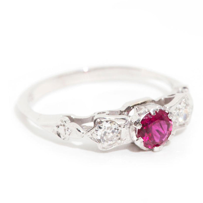 Marlena 18ct White Gold Diamond and Ruby Vintage Three Stone Ring Rings Imperial Jewellery 
