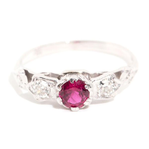 Marlena 18ct White Gold Diamond and Ruby Vintage Three Stone Ring Rings Imperial Jewellery 