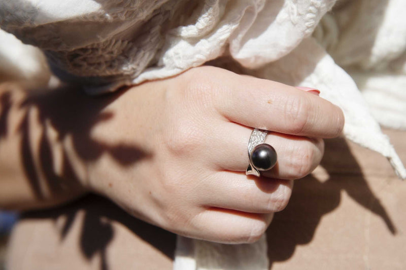 Platinum 10 mm sphere white pearl set Loria ring | DiamondsByMe
