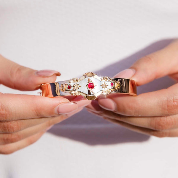 Maverick 9ct Rose Gold Garnet & Diamond Edwardian Hinged Bangle* GTG Bracelets/Bangles Imperial Jewellery