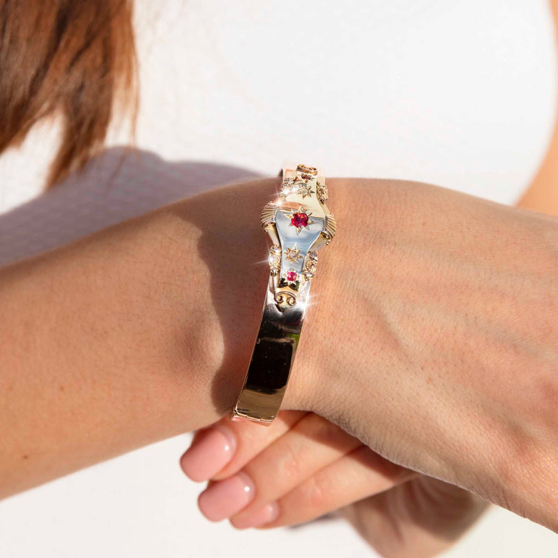 Maverick 9ct Rose Gold Garnet & Diamond Edwardian Hinged Bangle* GTG Bracelets/Bangles Imperial Jewellery