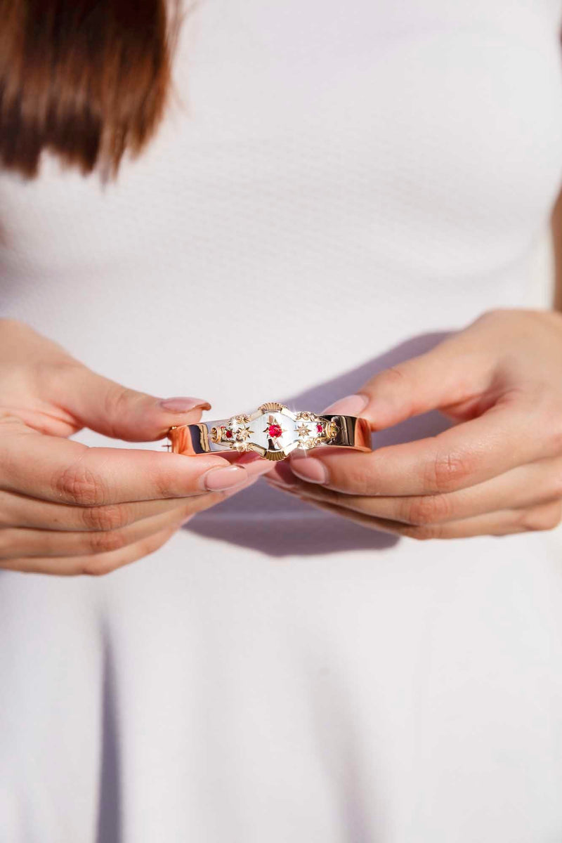 Maverick 9ct Rose Gold Garnet & Diamond Edwardian Hinged Bangle* GTG Bracelets/Bangles Imperial Jewellery