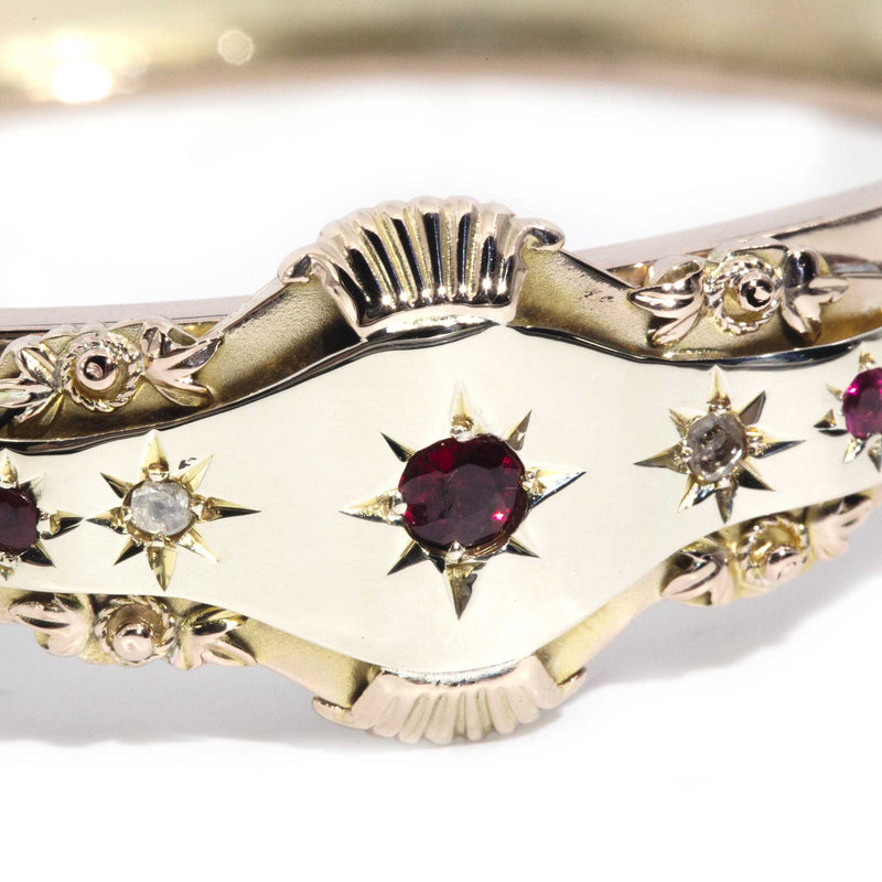 Maverick 9ct Rose Gold Garnet & Diamond Edwardian Hinged Bangle* OB Bracelets/Bangles Imperial Jewellery