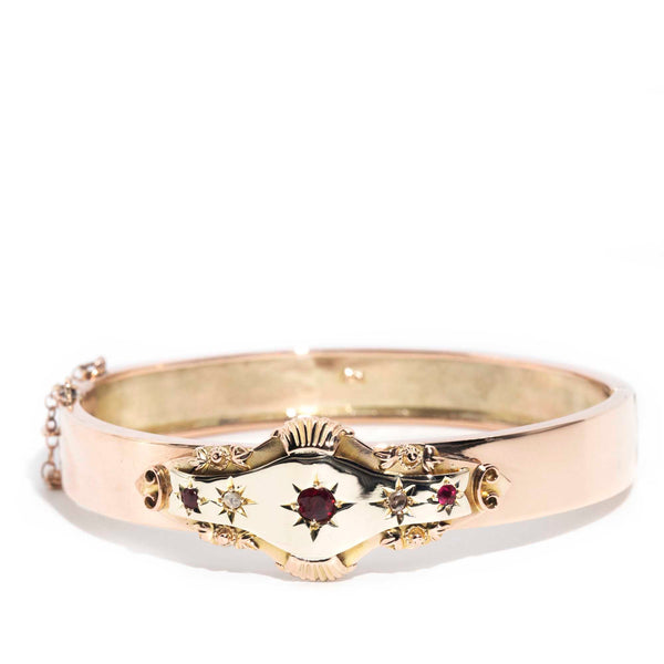 Maverick 9ct Rose Gold Garnet & Diamond Edwardian Hinged Bangle* OB Bracelets/Bangles Imperial Jewellery Imperial Jewellery - Hamilton
