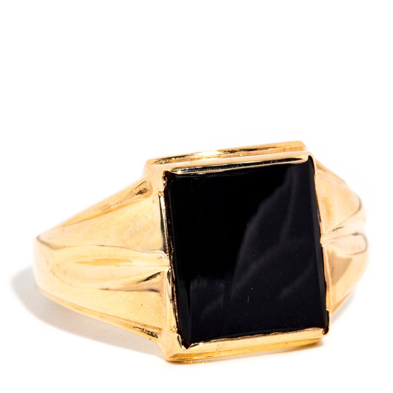 Melia 1970s Grooved Onyx Signet Ring 9ct Gold* DRAFT Rings Imperial Jewellery 