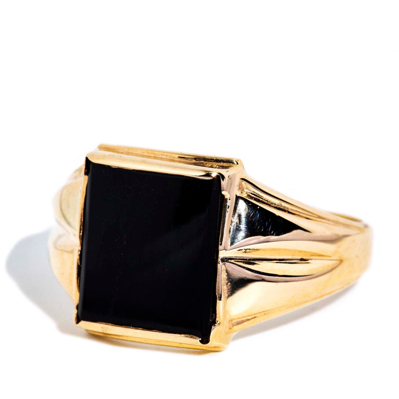Melia 1970s Grooved Onyx Signet Ring 9ct Gold* DRAFT Rings Imperial Jewellery 