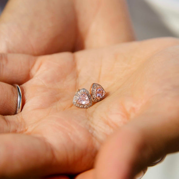 Melissa 9ct Gold Trilliant Cut Pink Morganite & Diamond Studs Earrings Imperial Jewellery 