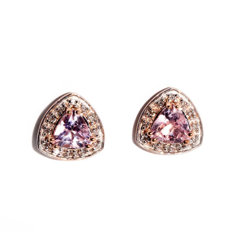 Melissa 9ct Gold Trilliant Cut Pink Morganite & Diamond Studs* OB Earrings Imperial Jewellery 