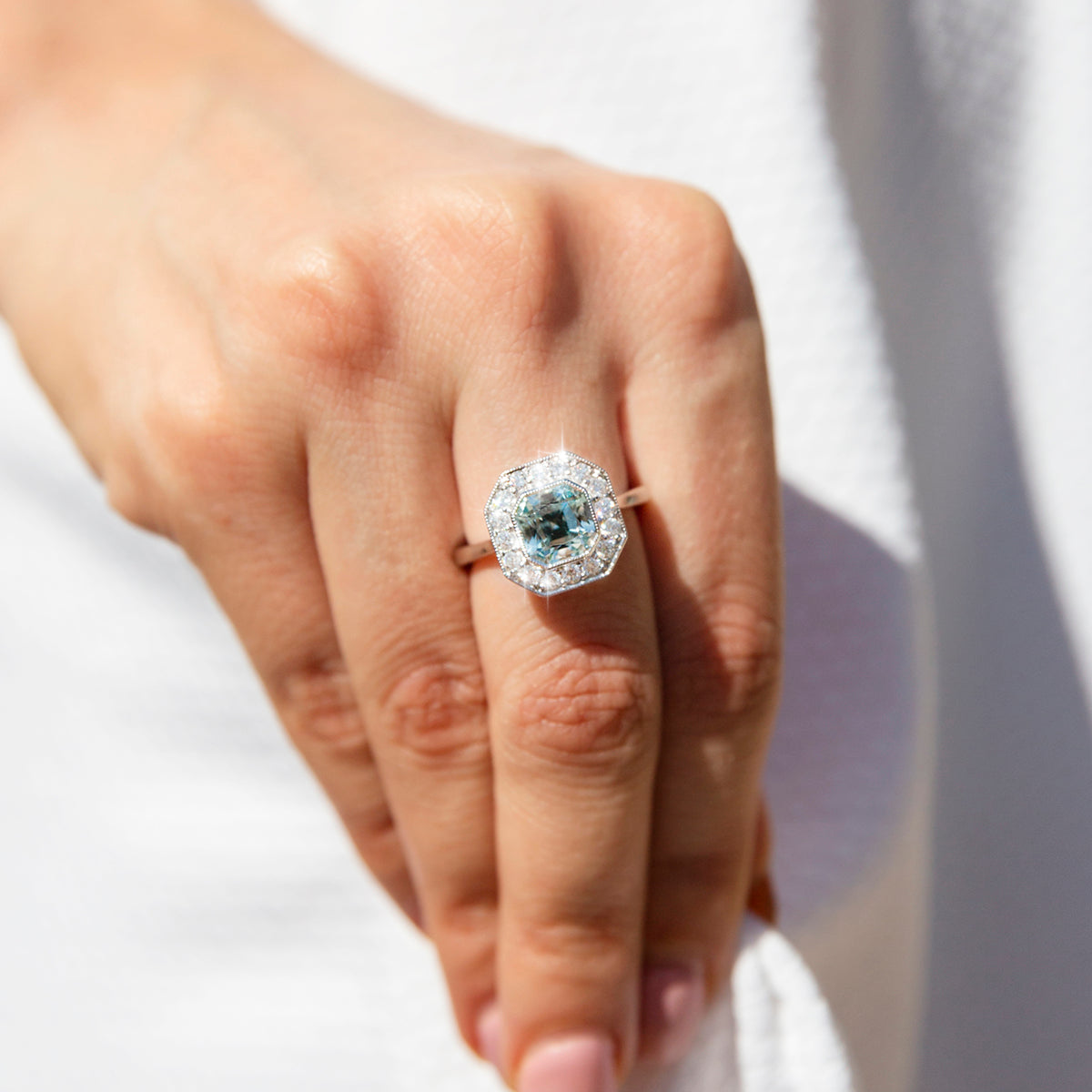 6.64ctw Aquamarine & Diamond Halo Ring, by Canera – Jewels by Grace