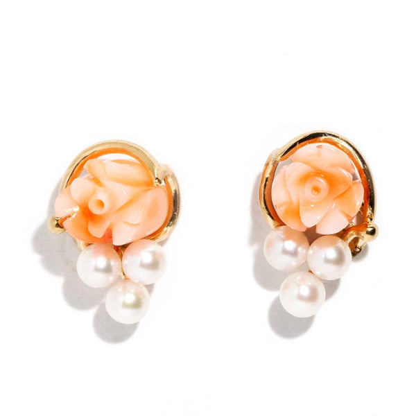 NEED SIZE Purdie Circa 1950s Coral Rose & Pearl Studs 14ct Gold Earrings Imperial Jewellery Imperial Jewellery - Hamilton 