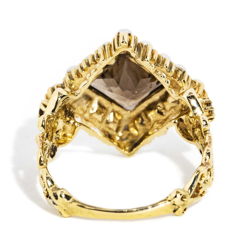 Nellie 1980s Smoky Quartz & Pearl Ring 9ct Gold* DRAFT Rings Imperial Jewellery 