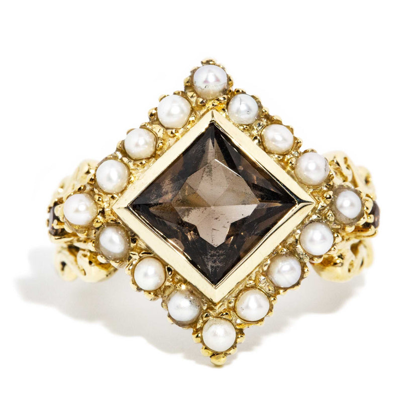 Nellie 1980s Smoky Quartz & Pearl Ring 9ct Gold* DRAFT Rings Imperial Jewellery Imperial Jewellery - Hamilton 