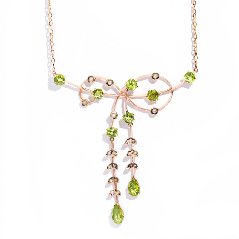 Paisley Antique Circa 1900s 9ct Gold Peridot & Seed Pearl Necklace* GTG Pendants/Necklaces Imperial Jewellery 