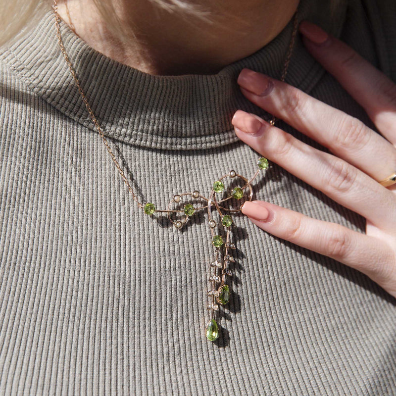 Paisley Antique Circa 1900s 9ct Gold Peridot & Seed Pearl Necklace* GTG Pendants/Necklaces Imperial Jewellery 