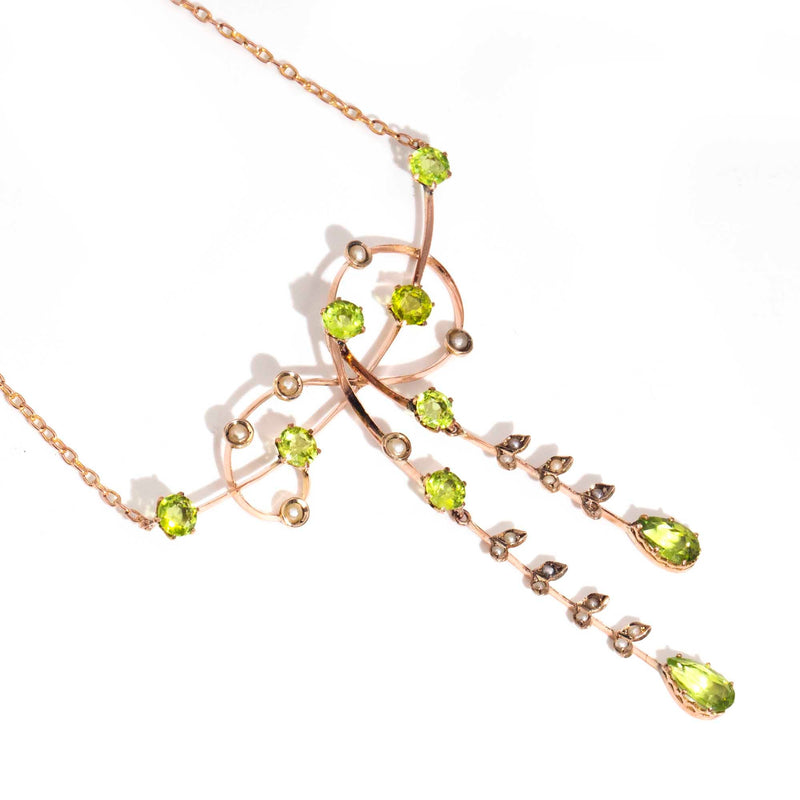 Paisley Antique Circa 1900s 9ct Gold Peridot & Seed Pearl Necklace* GTG Pendants/Necklaces Imperial Jewellery 