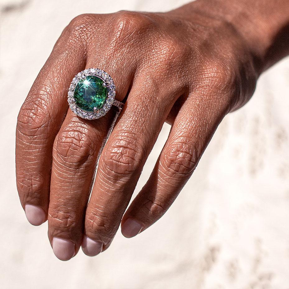 Paris 10.29 Carat Oval Green Tourmaline Diamond Halo Ring Rings Imperial Jewellery - Auctions, Antique, Vintage & Estate