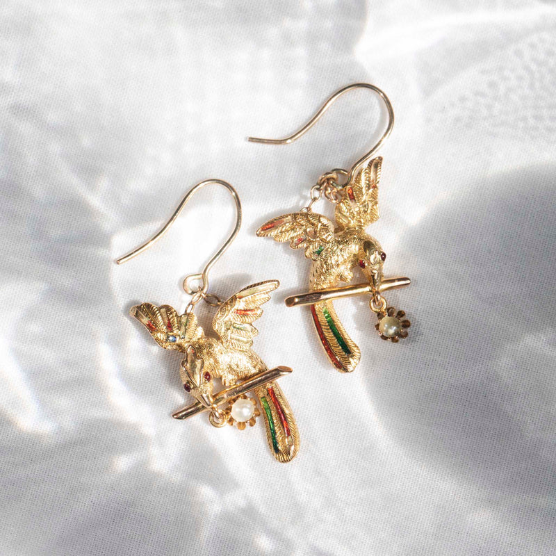 Pasare Victorian Era 15ct Gold Enamel & Pearl Bird Earrings Earrings Imperial Jewellery 