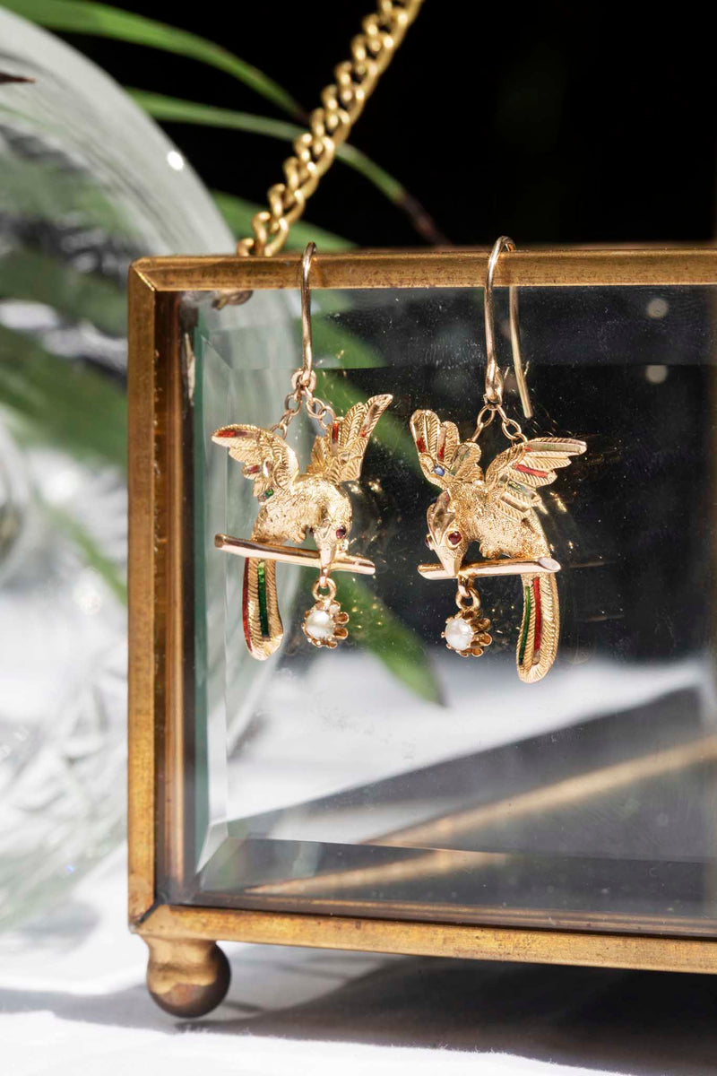 Pasare Victorian Era 15ct Gold Enamel & Pearl Bird Earrings Earrings Imperial Jewellery 