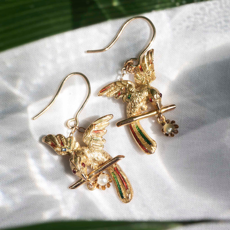 Pasare Victorian Era 15ct Gold Enamel & Pearl Bird Earrings Earrings Imperial Jewellery 