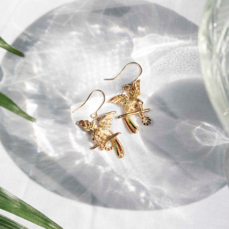 Pasare Victorian Era 15ct Gold Enamel & Pearl Bird Earrings Earrings Imperial Jewellery 