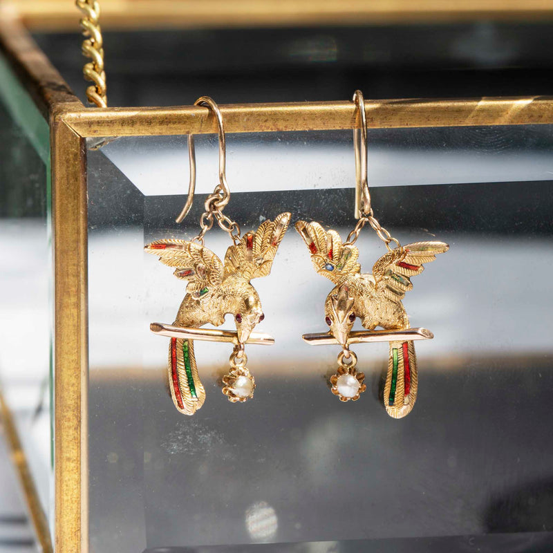 Pasare Victorian Era 15ct Gold Enamel & Pearl Bird Earrings Earrings Imperial Jewellery 