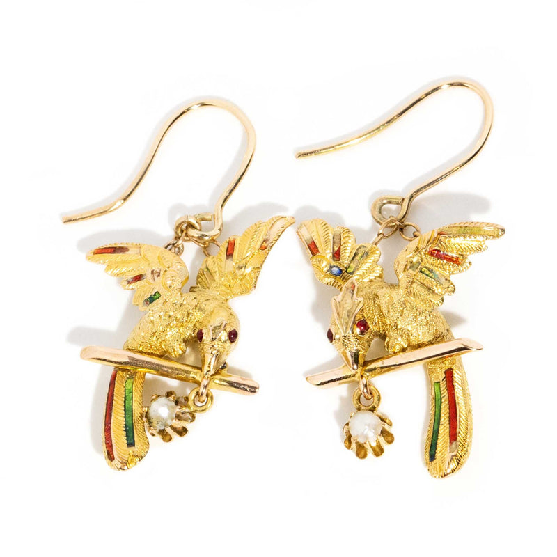 Pasare Victorian Era 15ct Gold Enamel & Pearl Bird Earrings* OB Earrings Imperial Jewellery 