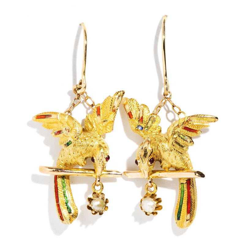 Pasare Victorian Era 15ct Gold Enamel & Pearl Bird Earrings* OB Earrings Imperial Jewellery Imperial Jewellery - Hamilton 