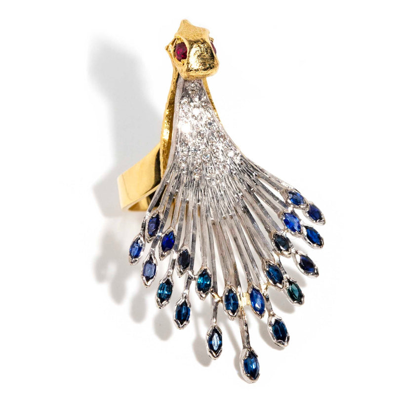 Pavão 1970s Peacock Sapphire Ruby & Diamond Ring 18ct Gold* OB Rings Imperial Jewellery 