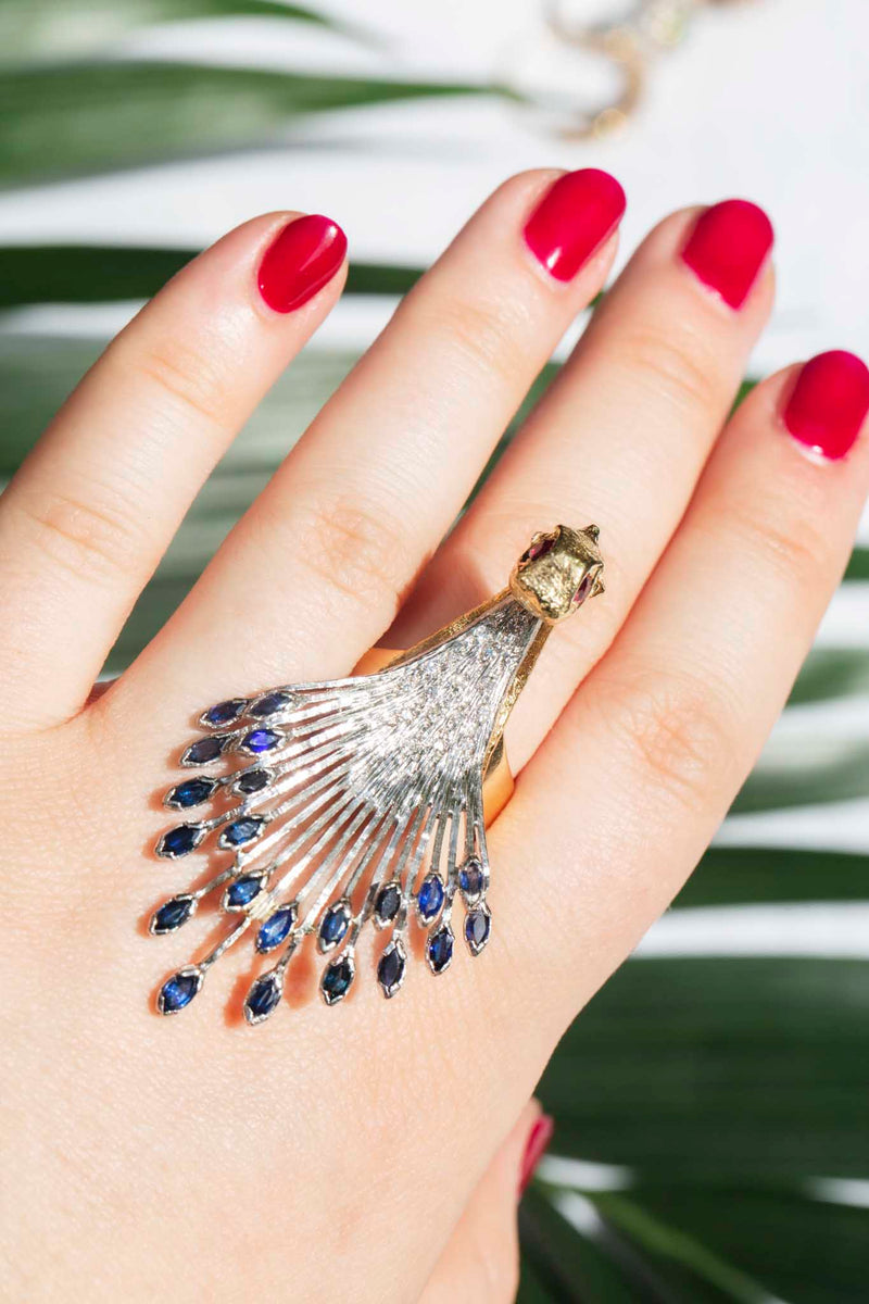 Pavão 1970s Peacock Sapphire Ruby & Diamond Ring 18ct Gold Rings Imperial Jewellery 