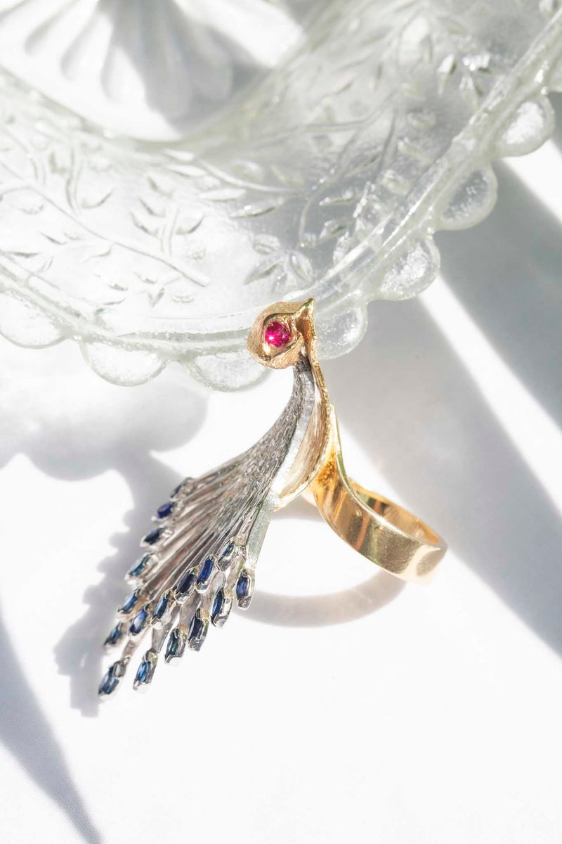 Pavão 1970s Peacock Sapphire Ruby & Diamond Ring 18ct Gold Rings Imperial Jewellery 